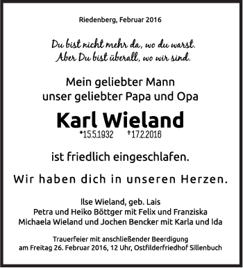 Traueranzeige von Karl Wieland von Stuttgarter Zeitung / Stuttgarter Nachrichten