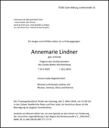 Traueranzeige von Annemarie Lindner von Stuttgarter Zeitung / Stuttgarter Nachrichten