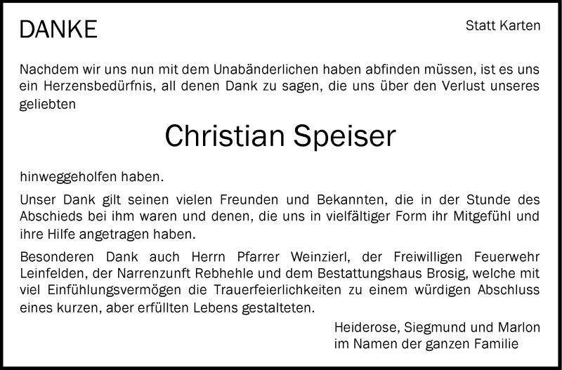  Traueranzeige für Christian Speiser vom 26.02.2016 aus Stuttgarter Zeitung / Stuttgarter Nachrichten
