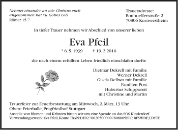 Traueranzeige von Eva Pfeil von Stuttgarter Zeitung / Stuttgarter Nachrichten