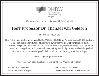 Traueranzeige von Michael van Geldern von Stuttgarter Zeitung / Stuttgarter Nachrichten