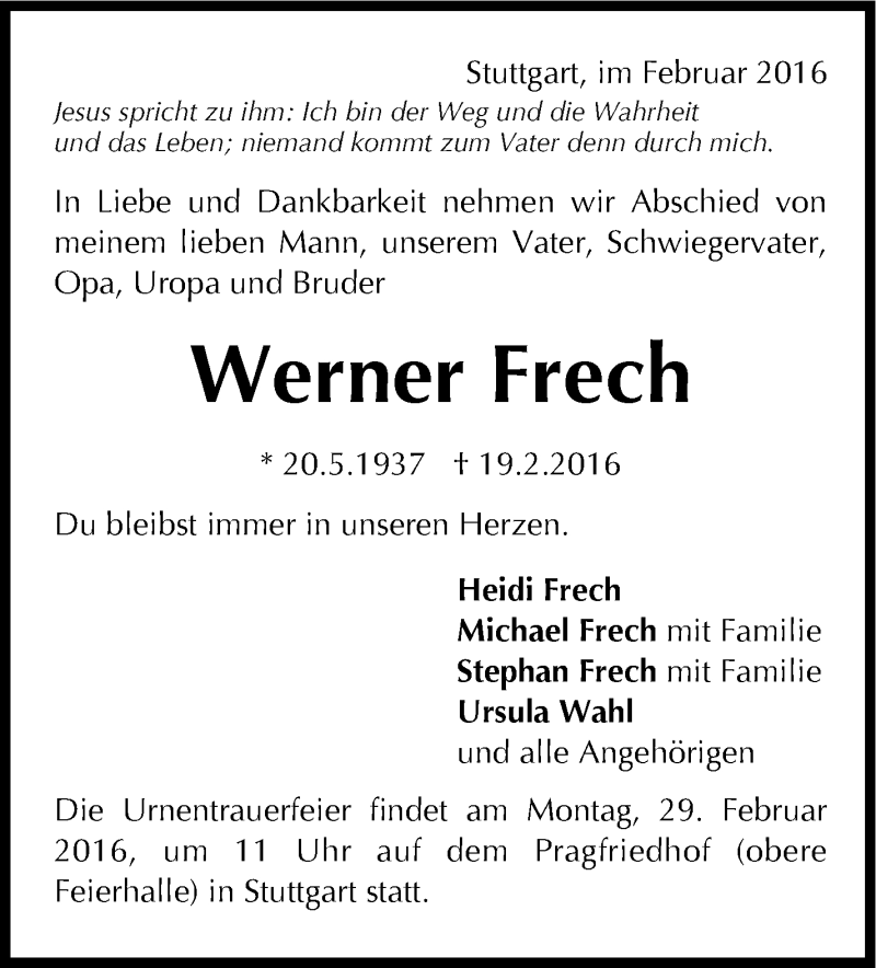  Traueranzeige für Werner Frech vom 25.02.2016 aus Stuttgarter Zeitung / Stuttgarter Nachrichten