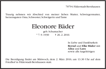 Traueranzeige von Eleonore Bäder von Stuttgarter Zeitung / Stuttgarter Nachrichten