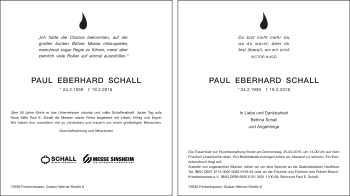 Traueranzeige von Paul Eberhard Schall von Stuttgarter Zeitung / Stuttgarter Nachrichten