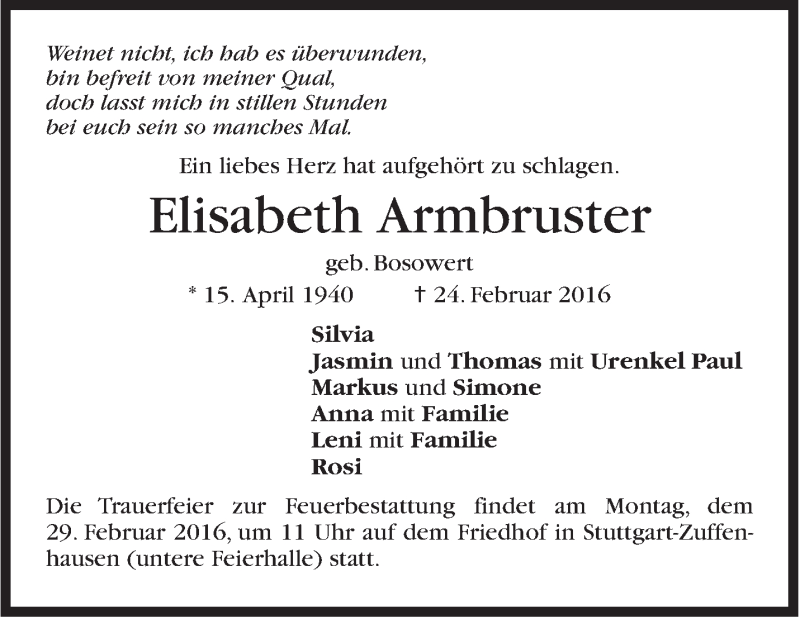  Traueranzeige für Elisabeth Armburster vom 27.02.2016 aus Stuttgarter Zeitung / Stuttgarter Nachrichten