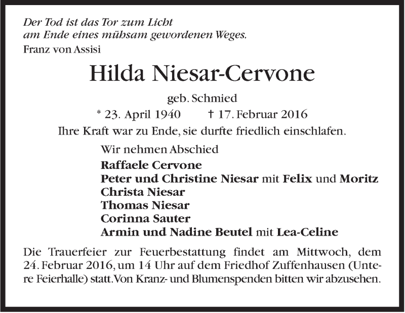  Traueranzeige für Hilda Niesar-Cervone vom 19.02.2016 aus Stuttgarter Zeitung / Stuttgarter Nachrichten