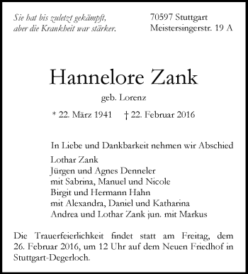 Traueranzeige von Hannelore Zank von Stuttgarter Zeitung / Stuttgarter Nachrichten