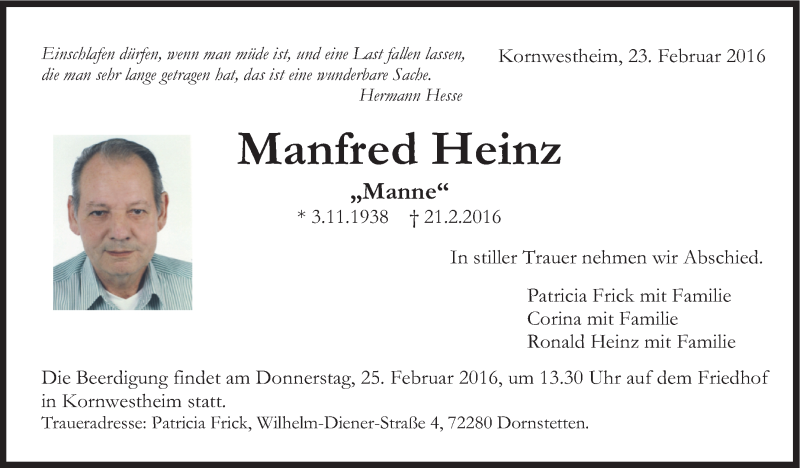  Traueranzeige für Manfred Heinz vom 23.02.2016 aus Stuttgarter Zeitung / Stuttgarter Nachrichten