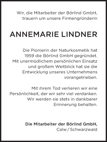Traueranzeige von Annemarie Lindner von Stuttgarter Zeitung / Stuttgarter Nachrichten