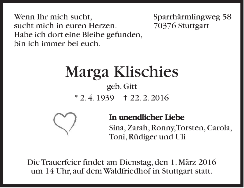  Traueranzeige für Marga Klischies vom 25.02.2016 aus Stuttgarter Zeitung / Stuttgarter Nachrichten