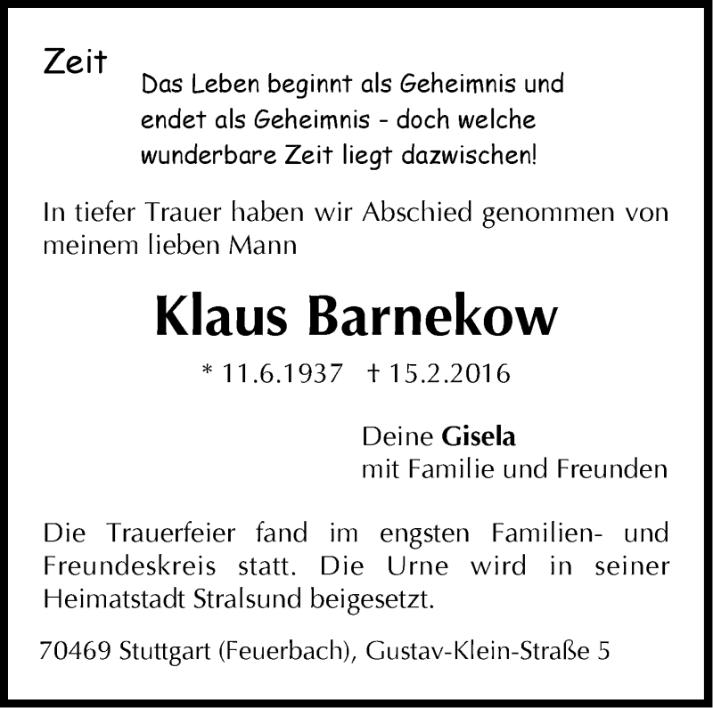  Traueranzeige für Klaus Barnekow vom 22.02.2016 aus Stuttgarter Zeitung / Stuttgarter Nachrichten