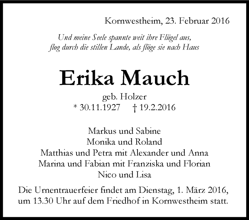  Traueranzeige für Erika Mauch vom 23.02.2016 aus Stuttgarter Zeitung / Stuttgarter Nachrichten