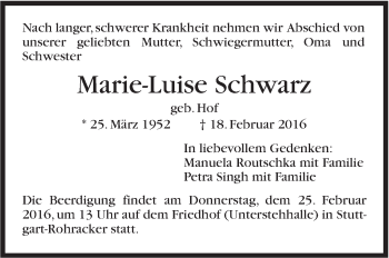 Traueranzeige von Marie-Luise Schwarz von Stuttgarter Zeitung / Stuttgarter Nachrichten