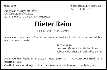 Traueranzeige von Dieter Reim von Stuttgarter Zeitung / Stuttgarter Nachrichten