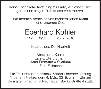 Traueranzeige von Eberhard Kohler von Stuttgarter Zeitung / Stuttgarter Nachrichten
