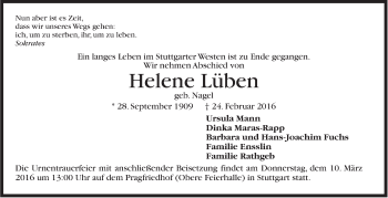 Traueranzeige von Helene Lüben von Stuttgarter Zeitung / Stuttgarter Nachrichten