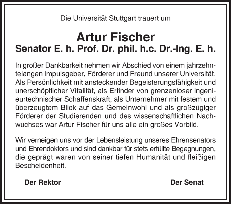  Traueranzeige für Artur Fischer vom 03.02.2016 aus Stuttgarter Zeitung / Stuttgarter Nachrichten