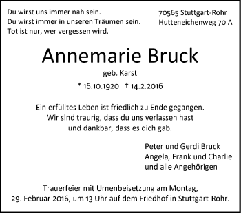 Traueranzeige von Annemarie Bruck von Stuttgarter Zeitung / Stuttgarter Nachrichten