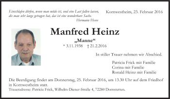 Traueranzeige von Manfred Heinz von Stuttgarter Zeitung / Stuttgarter Nachrichten