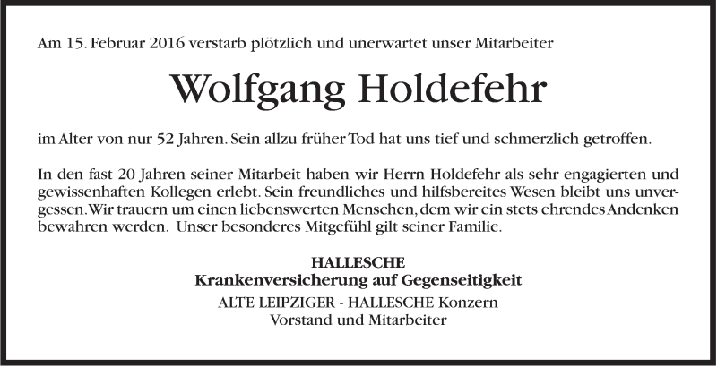  Traueranzeige für Wolfgang Holdefehr vom 26.02.2016 aus Stuttgarter Zeitung / Stuttgarter Nachrichten