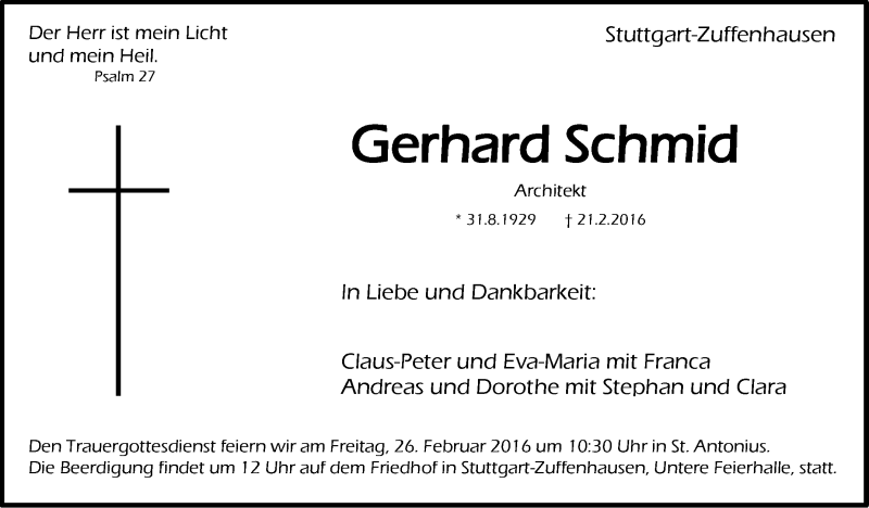  Traueranzeige für Gerhard Schmid vom 23.02.2016 aus Stuttgarter Zeitung / Stuttgarter Nachrichten