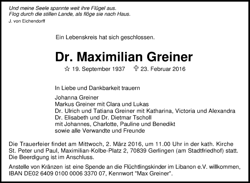  Traueranzeige für Maximilian Greiner vom 26.02.2016 aus Stuttgarter Zeitung / Stuttgarter Nachrichten