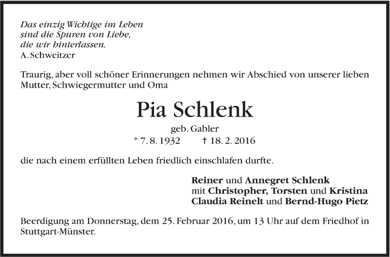  Traueranzeige für Pia Schlenk vom 22.02.2016 aus Stuttgarter Zeitung / Stuttgarter Nachrichten