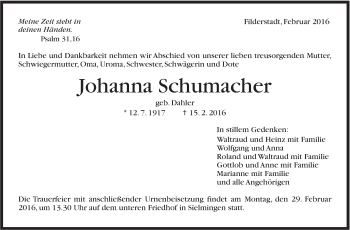 Traueranzeige von Johanna Schumacher von Stuttgarter Zeitung / Stuttgarter Nachrichten
