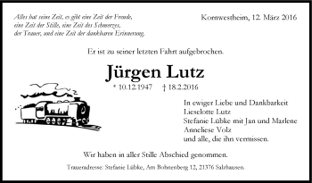 Traueranzeige von Jürgen Lutz von Stuttgarter Zeitung / Stuttgarter Nachrichten
