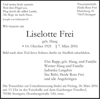 Traueranzeige von Liselotte Frei von Stuttgarter Zeitung / Stuttgarter Nachrichten