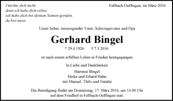 Traueranzeige von Gerhard Bingel von Stuttgarter Zeitung / Stuttgarter Nachrichten