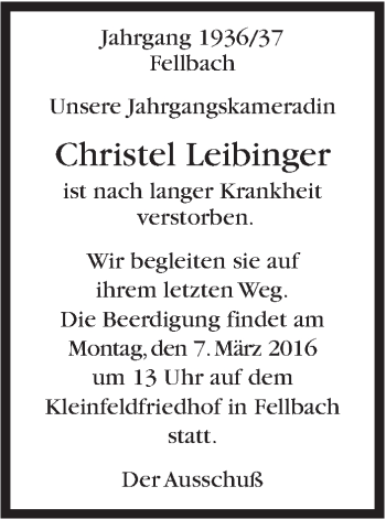 Traueranzeige von Christel Leibinger von Stuttgarter Zeitung / Stuttgarter Nachrichten