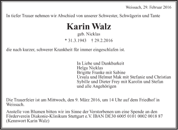 Traueranzeige von Karin Walz von Stuttgarter Zeitung / Stuttgarter Nachrichten