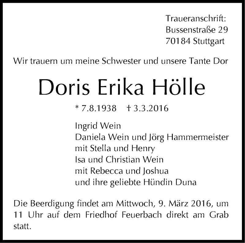  Traueranzeige für Doris Erika Hölle vom 07.03.2016 aus Stuttgarter Zeitung / Stuttgarter Nachrichten