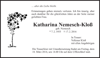Traueranzeige von Katharina Nemesch-Kloß von Stuttgarter Zeitung / Stuttgarter Nachrichten