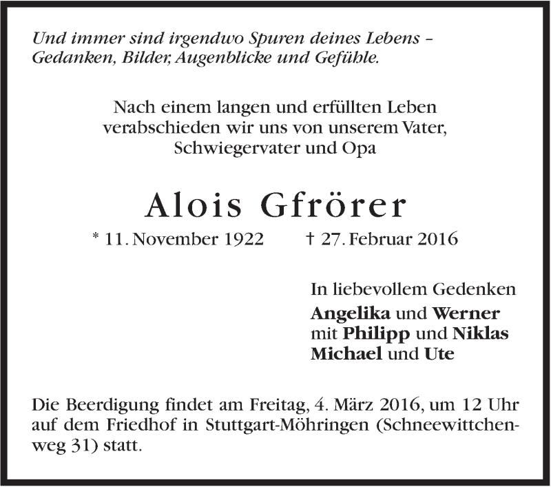  Traueranzeige für Alois Gfrörer vom 02.03.2016 aus Stuttgarter Zeitung / Stuttgarter Nachrichten