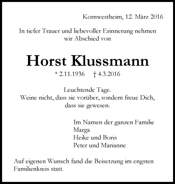 Traueranzeige von Horst Klussmann von Stuttgarter Zeitung / Stuttgarter Nachrichten