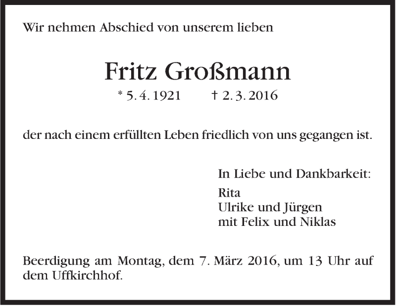  Traueranzeige für Fritz Großmann vom 04.03.2016 aus Stuttgarter Zeitung / Stuttgarter Nachrichten