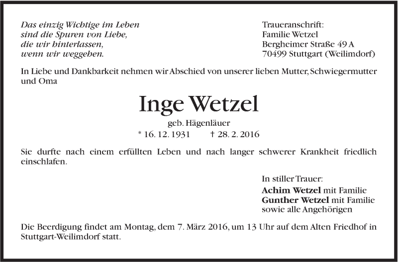  Traueranzeige für Inge Wetzel vom 02.03.2016 aus Stuttgarter Zeitung / Stuttgarter Nachrichten