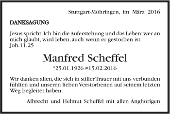 Traueranzeige von Manfred Scheffel von Stuttgarter Zeitung / Stuttgarter Nachrichten