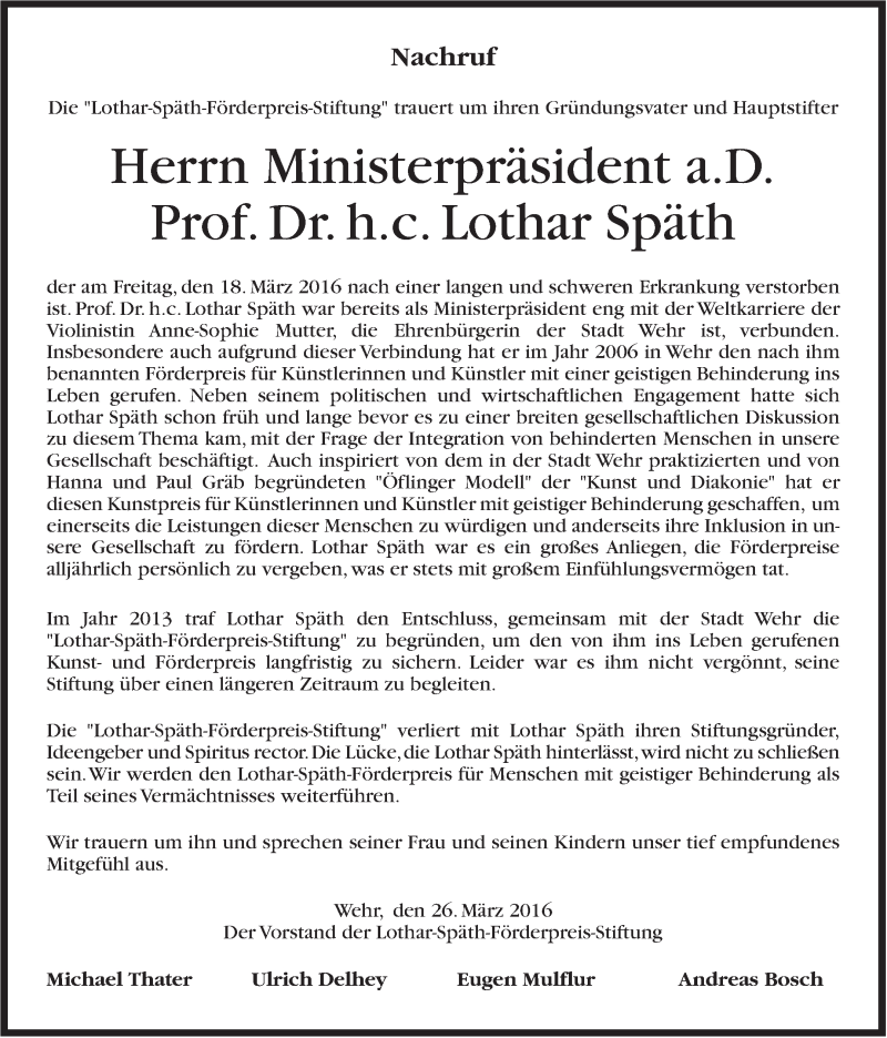  Traueranzeige für Lothar Späth vom 26.03.2016 aus Stuttgarter Zeitung / Stuttgarter Nachrichten