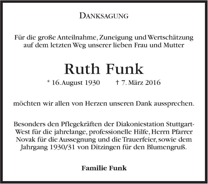 Traueranzeige für Ruth Funk vom 26.03.2016 aus Stuttgarter Zeitung / Stuttgarter Nachrichten