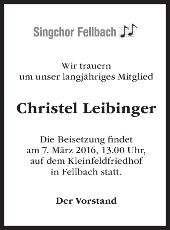 Traueranzeige von Christel Leibinger von Stuttgarter Zeitung / Stuttgarter Nachrichten