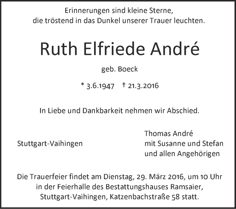  Traueranzeige für Ruth Elfriede André vom 24.03.2016 aus Stuttgarter Zeitung / Stuttgarter Nachrichten
