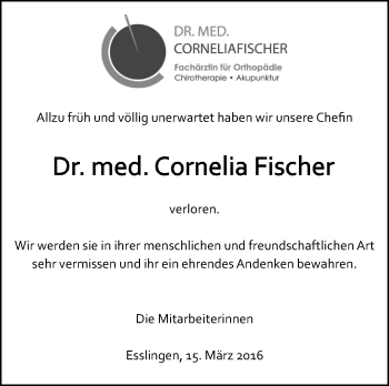 Traueranzeige von Cornelia Fischer von Stuttgarter Zeitung / Stuttgarter Nachrichten