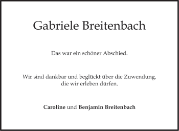 Traueranzeige von Gabriele Breitenbach von Stuttgarter Zeitung / Stuttgarter Nachrichten