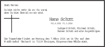 Traueranzeige von Hans Schott von Stuttgarter Zeitung / Stuttgarter Nachrichten