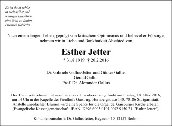 Traueranzeige von Esther Jetter von Stuttgarter Zeitung / Stuttgarter Nachrichten