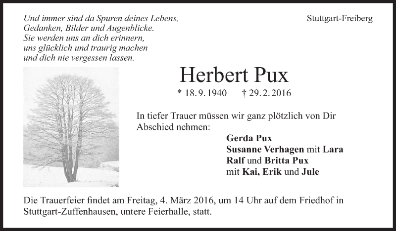  Traueranzeige für Herbert Pux vom 02.03.2016 aus Stuttgarter Zeitung / Stuttgarter Nachrichten