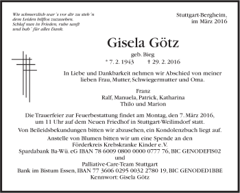 Traueranzeige von Gisela Götz von Stuttgarter Zeitung / Stuttgarter Nachrichten